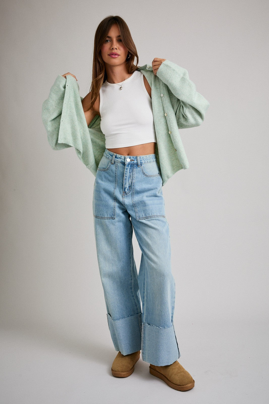 Mint Classic Crew Neck Button Cardigan