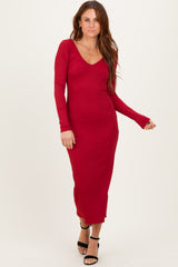 Dark Red V-Neck Long Sleeve Fitted Maxi Dress