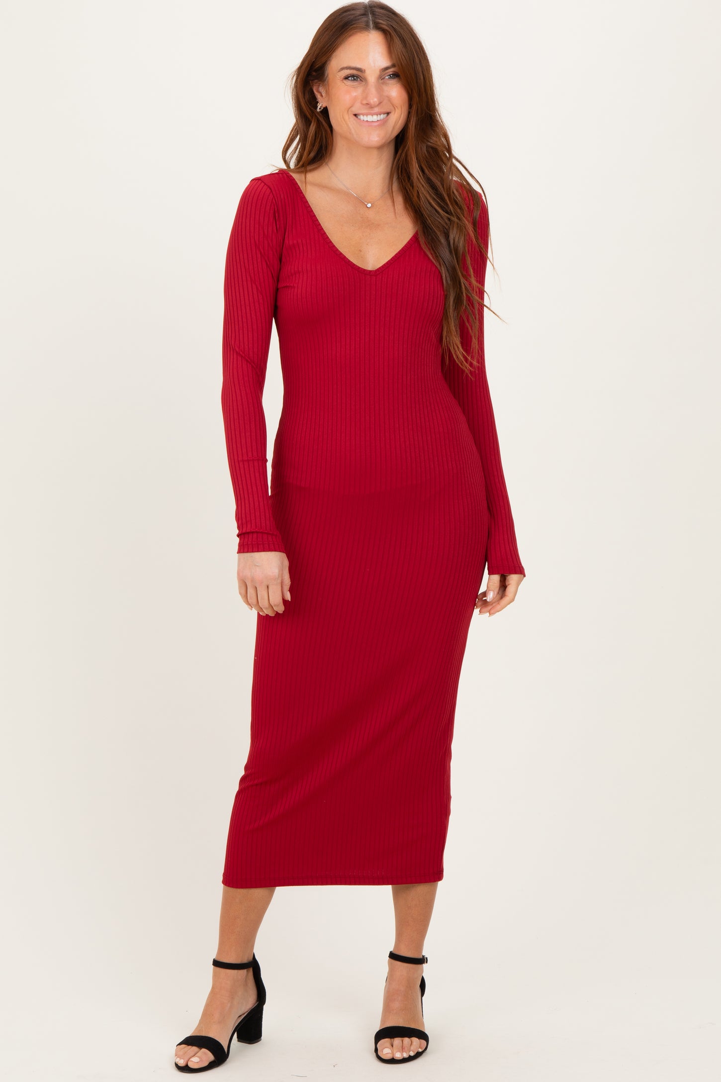 Dark Red V-Neck Long Sleeve Fitted Maternity Maxi Dress PinkBlush Dark Red V-Neck Long Sleeve Fitted Maternity Maxi Dress PinkBlush