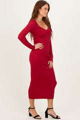 Dark Red V-Neck Long Sleeve Fitted Maxi Dress