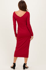 Dark Red V-Neck Long Sleeve Fitted Maxi Dress