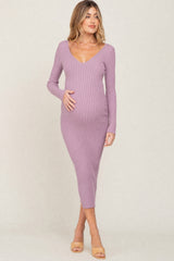 Violet V-Neck Long Sleeve Fitted Maternity Maxi Dress