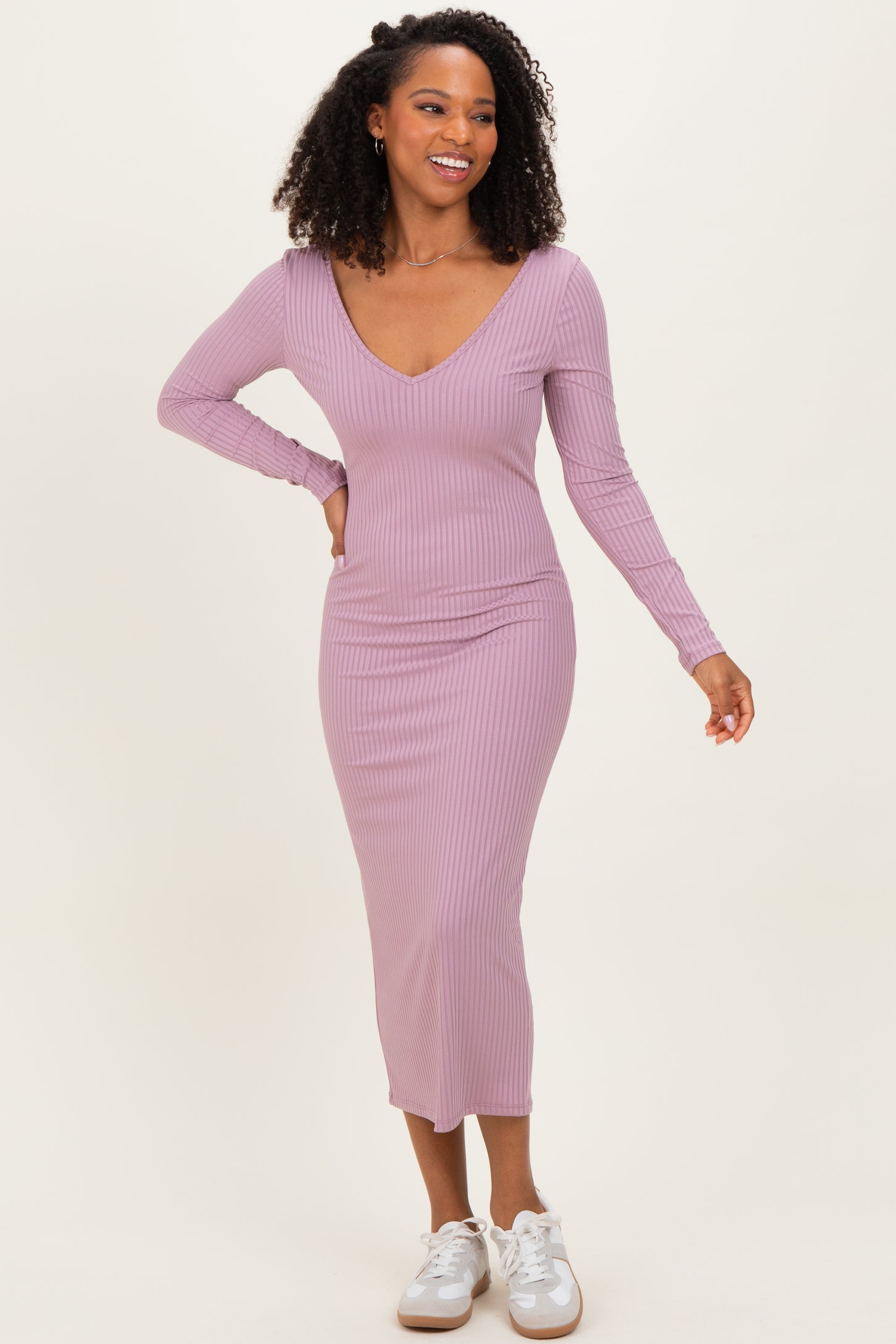 Violet V-Neck Long Sleeve Fitted Maternity Maxi Dress – PinkBlush