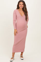 Mauve V-Neck Long Sleeve Fitted Maternity Maxi Dress
