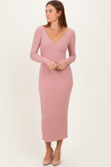 Mauve V-Neck Long Sleeve Fitted Maxi Dress