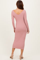 Mauve V-Neck Long Sleeve Fitted Maxi Dress