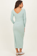 Sage V-Neck Long Sleeve Fitted Maternity Maxi Dress