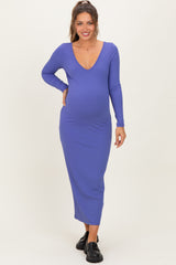 Iris Blue V-Neck Long Sleeve Fitted Maternity Maxi Dress