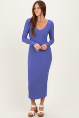 Iris Blue V-Neck Long Sleeve Fitted Maternity Maxi Dress