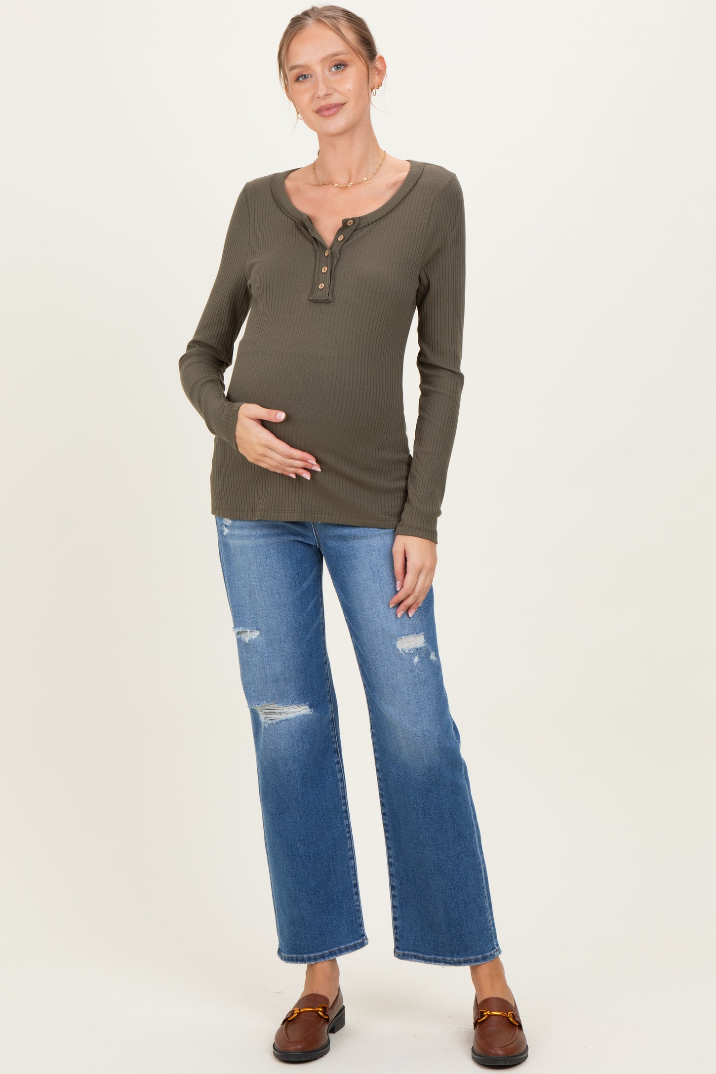 Olive Ribbed Long Sleeve Button Town Maternity Top