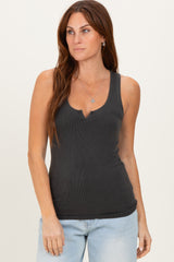 Charcoal Ribbed Split Neck Tank Top