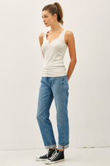 Cream Ribbed Split Neck Tank Top
