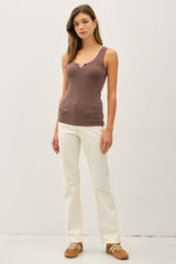 Brown Ribbed Split Neck Tank Top