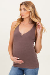 Brown Ribbed Split Neck Maternity Tank Top