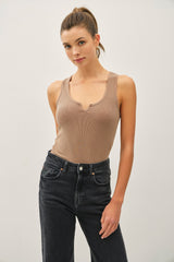 Mocha Ribbed Split Neck Tank Top