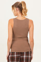 Mocha Ribbed Split Neck Maternity Tank Top