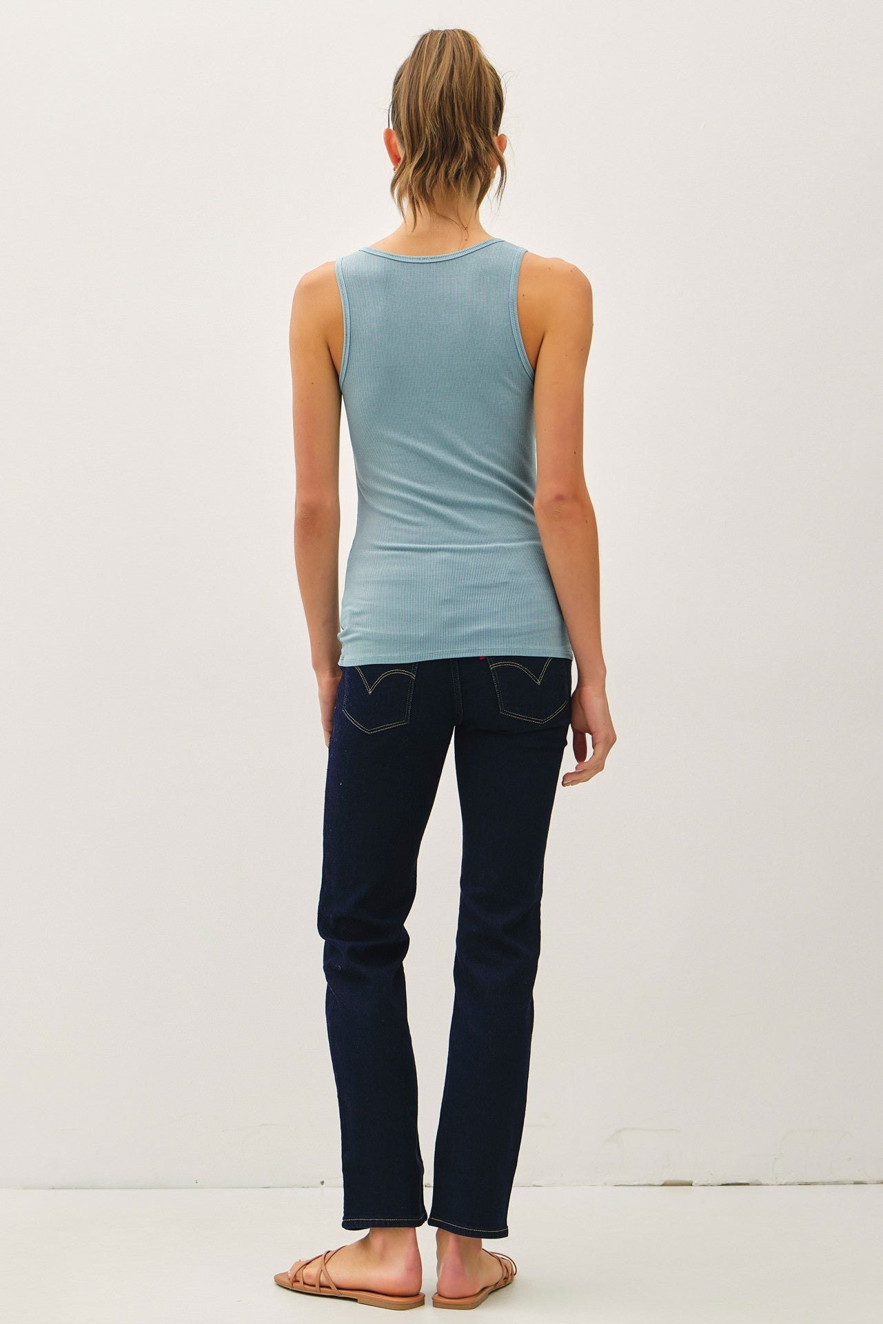 Light Teal Ribbed Split Neck Tank Top