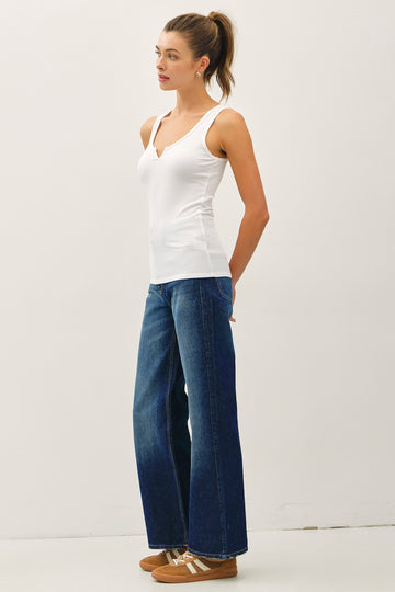 White Ribbed Split Neck Tank Top