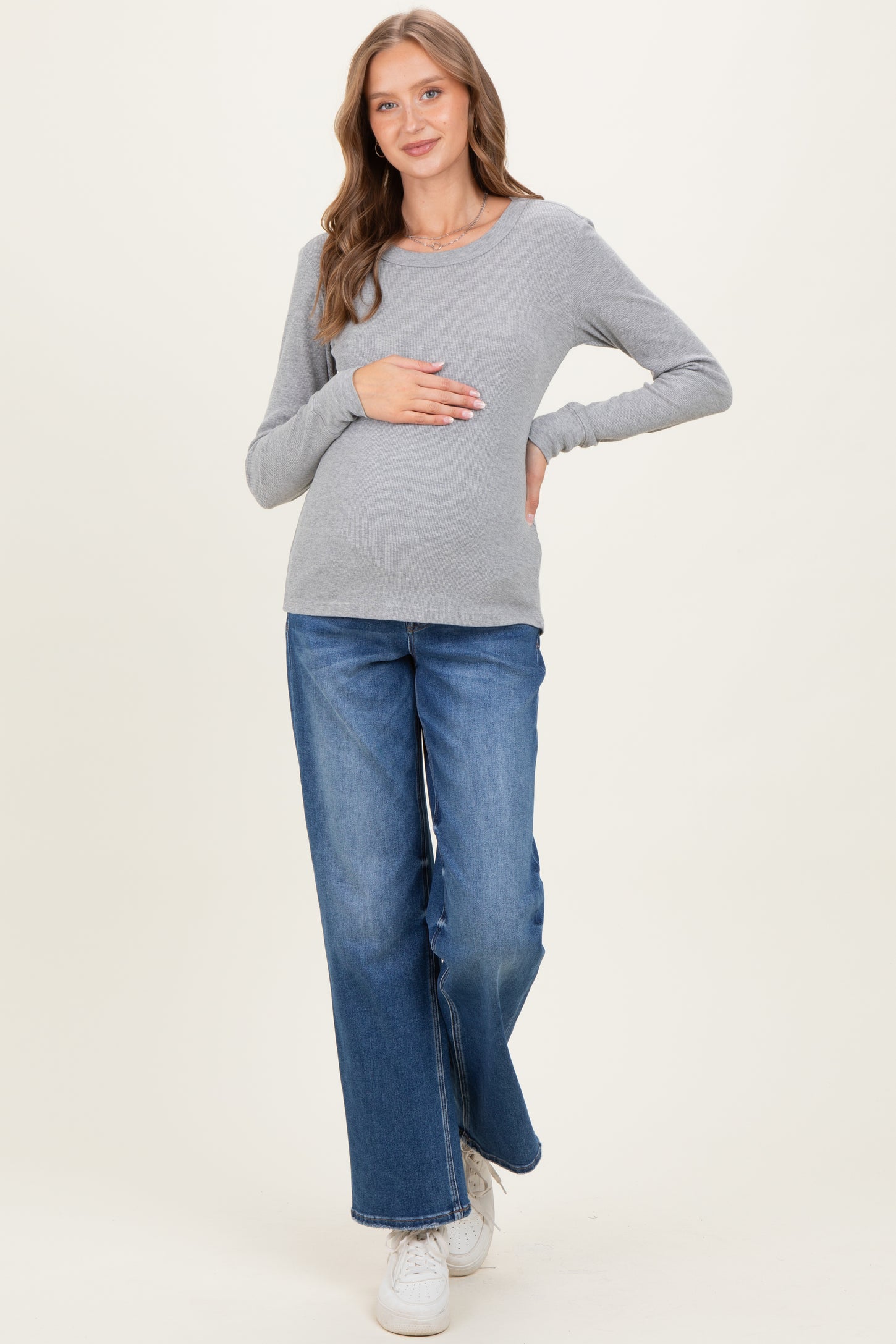 Heather Grey Ribbed Basic Maternity Long Sleeve Top
