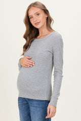 Heather Grey Ribbed Basic Maternity Long Sleeve Top