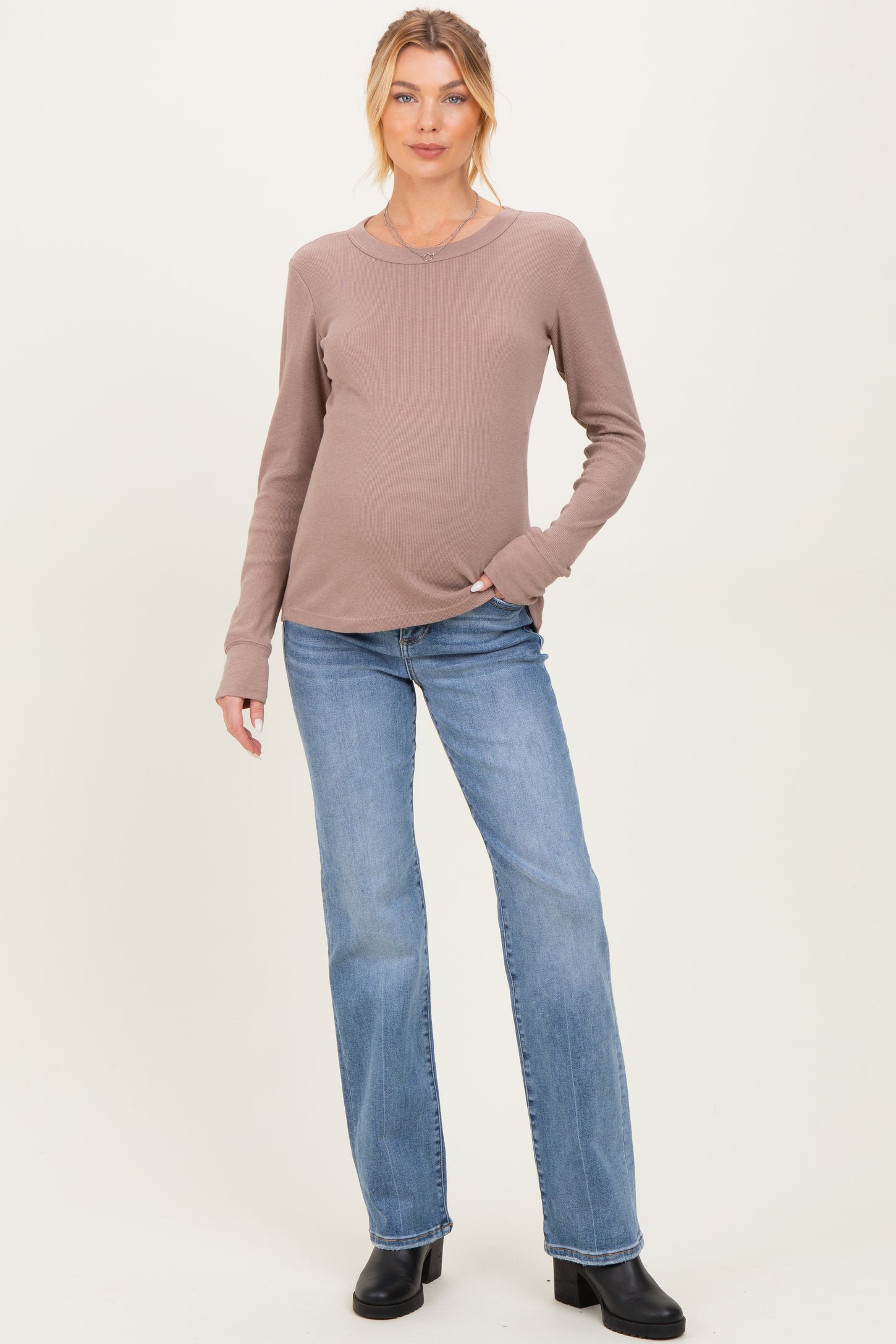 Mocha Ribbed Basic Maternity Long Sleeve Top