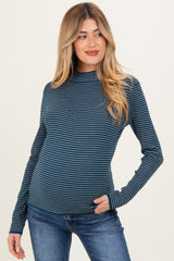 Teal Pinstriped Mock Neck Maternity Knit Top