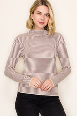 Light Taupe Pinstriped Mock Neck Knit Top