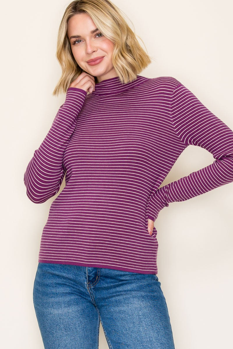 Plum Pinstriped Mock Neck Knit Top