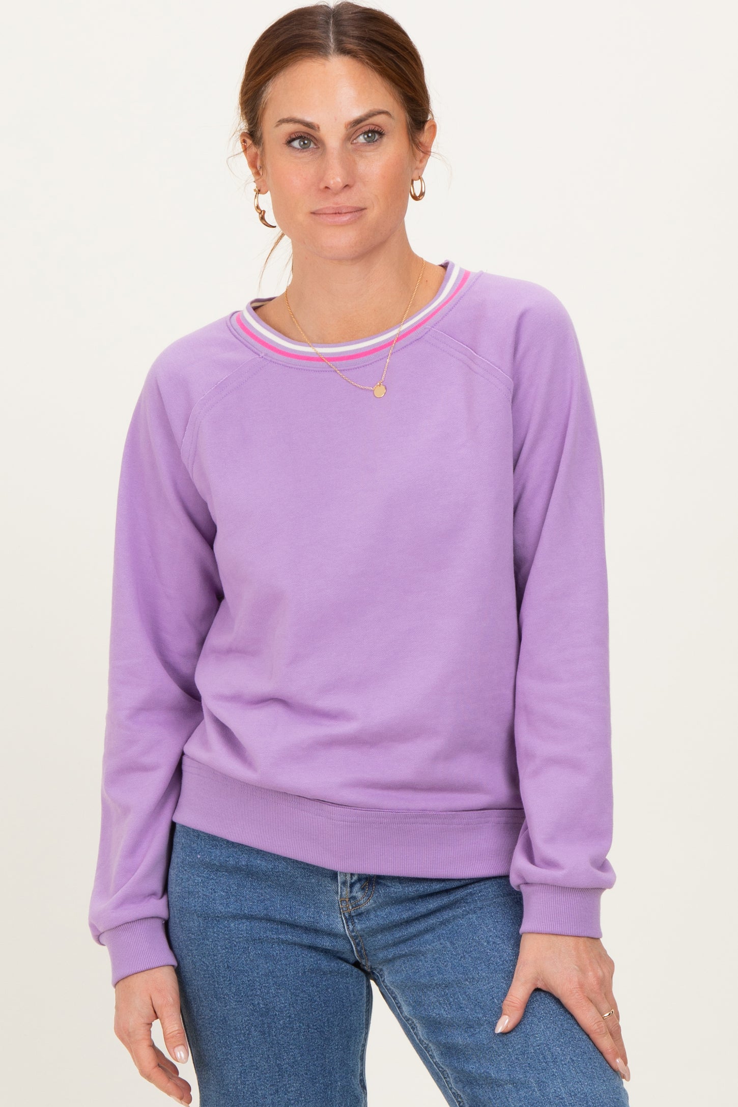 Violet Striped Neckline Maternity Terry Sweatshirt