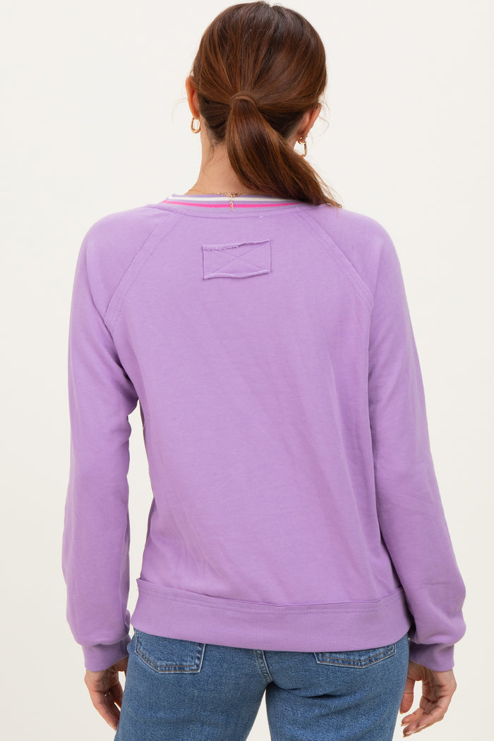 Violet Striped Neckline Terry Sweatshirt