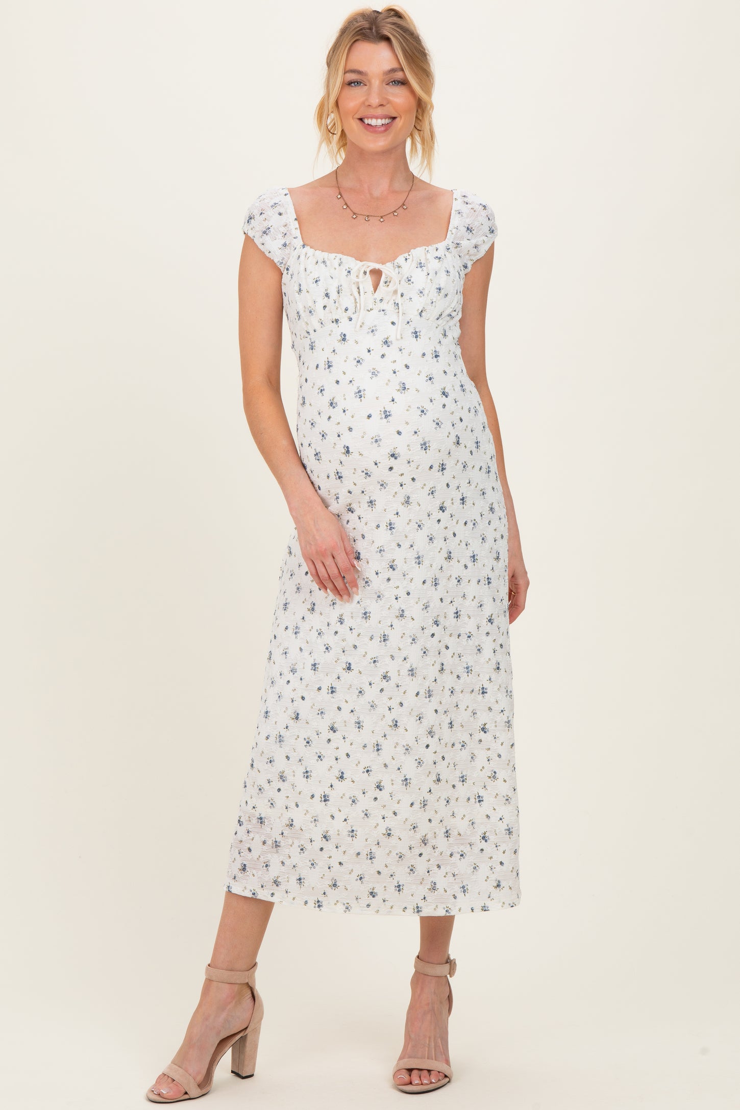Ivory Multi Floral Cap Sleeve Maternity Midi Dress