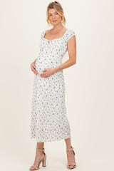 Ivory Multi Floral Cap Sleeve Maternity Midi Dress