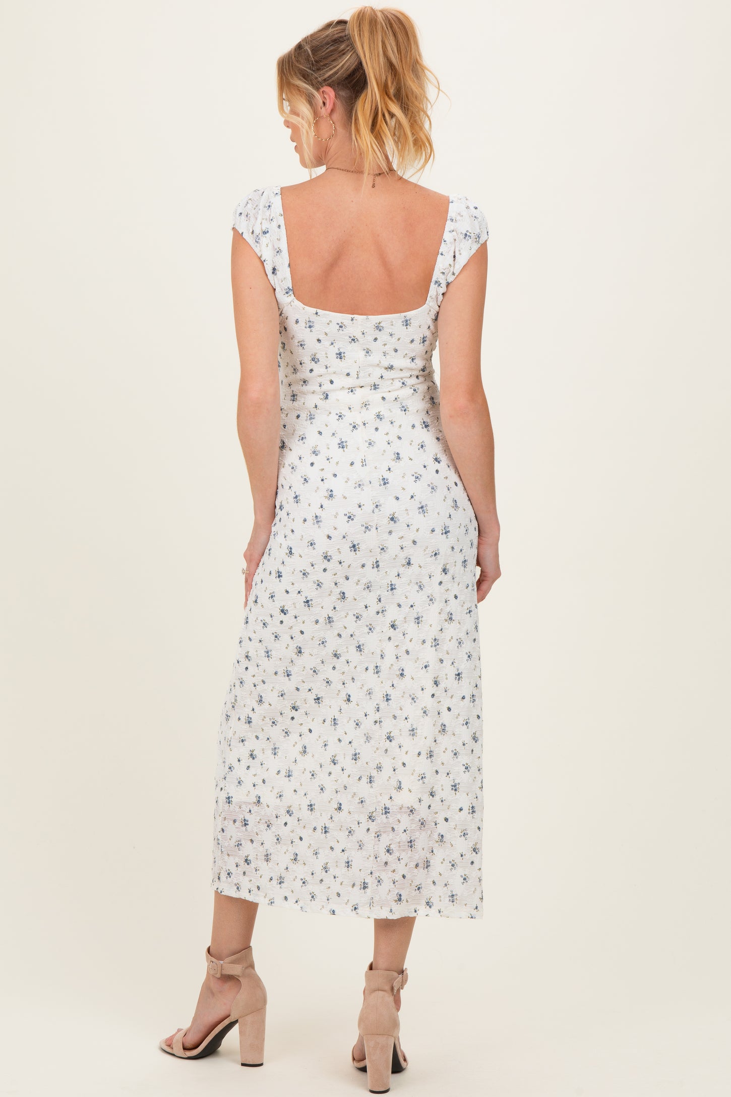 Ivory Multi Floral Cap Sleeve Maternity Midi Dress