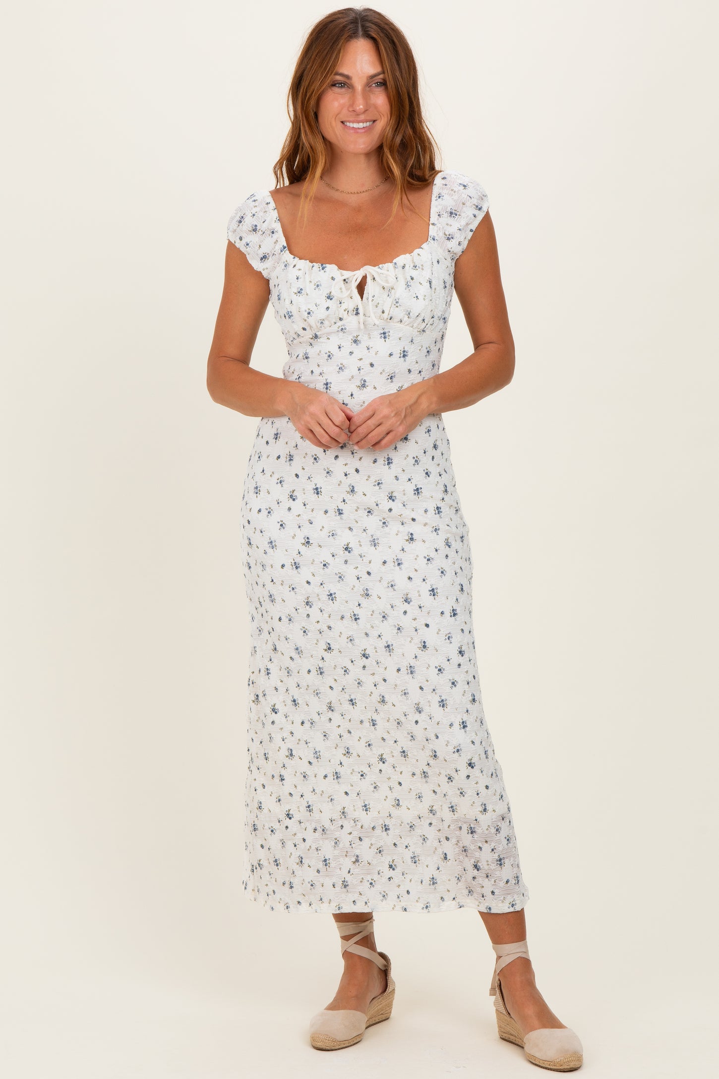 cap sleeve midi dress Ivory Multi Floral Cap Sleeve Midi Dress