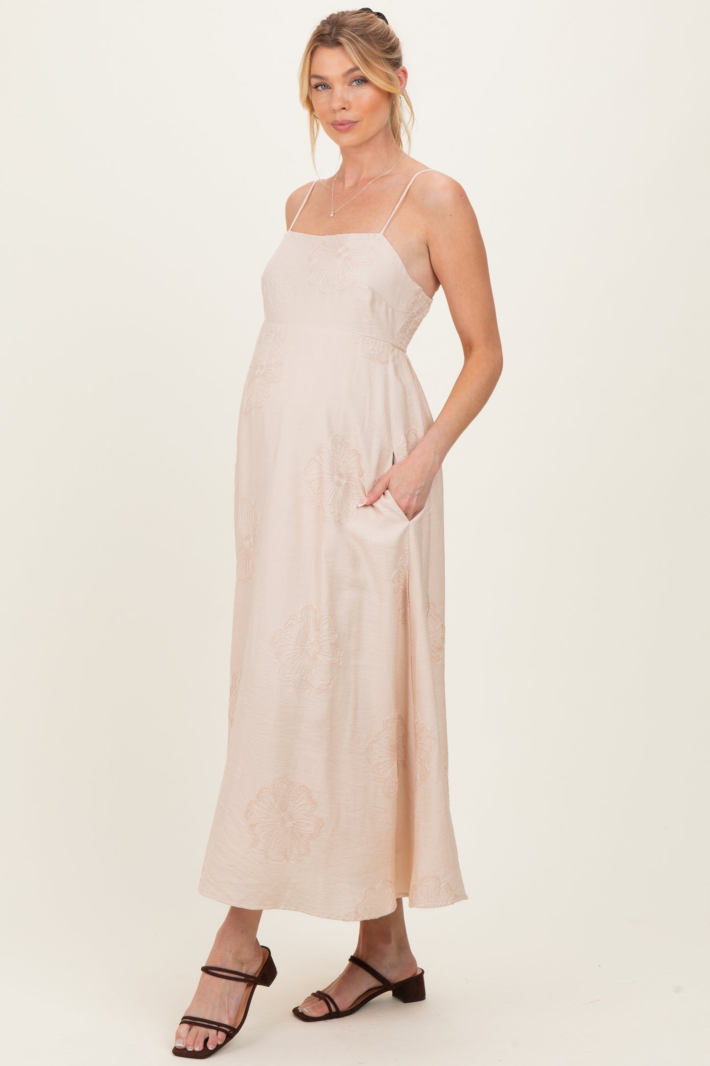 Beige Flower Embroidered Maternity Midi Dress – PinkBlush