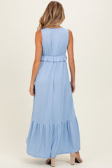 Light Blue Ribbed Sleeveless V-Neck Ruffle Tiered Maternity Maxi Dress