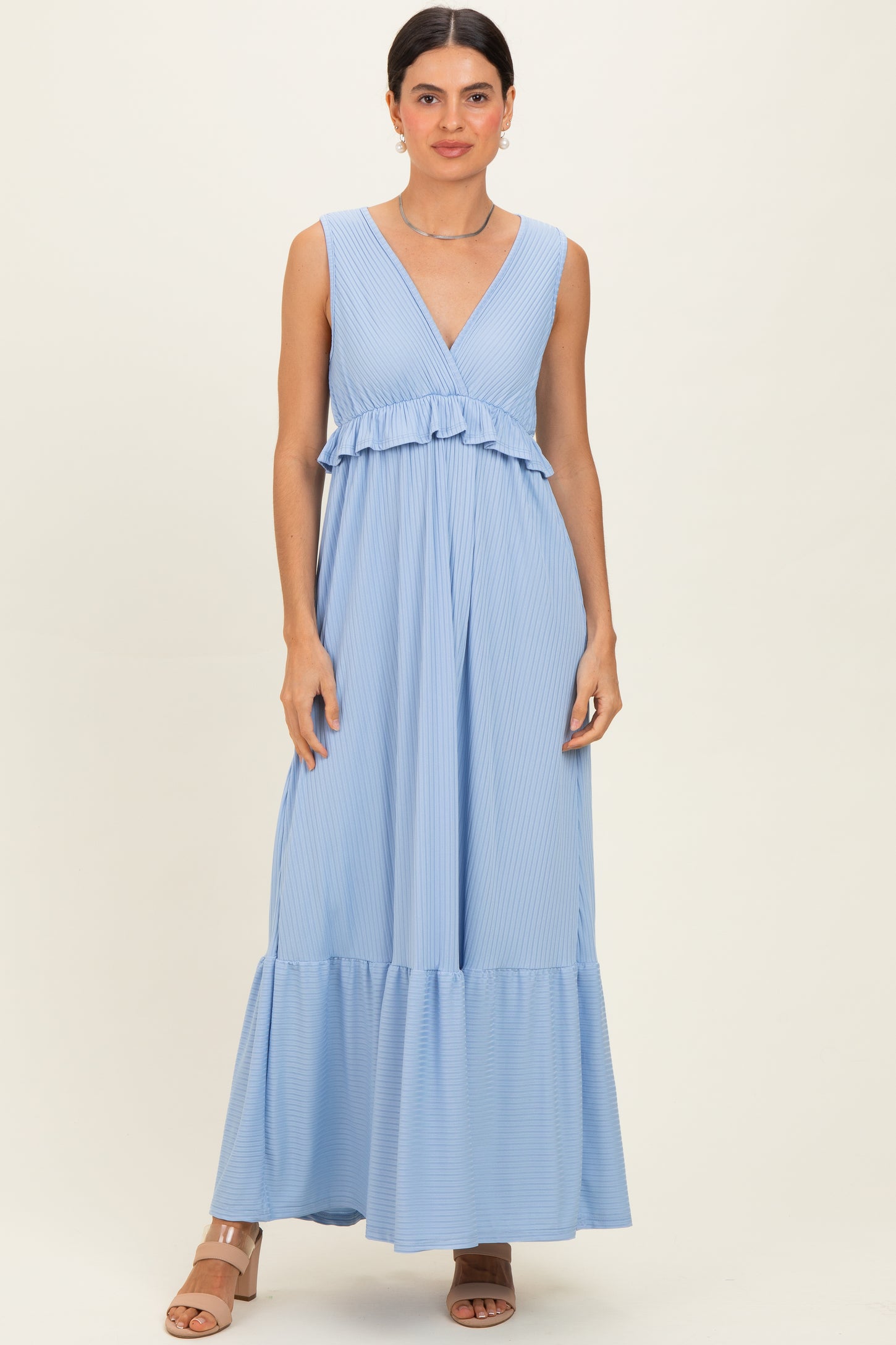 Light Blue Ribbed Sleeveless V-Neck Ruffle Tiered Maxi Dress