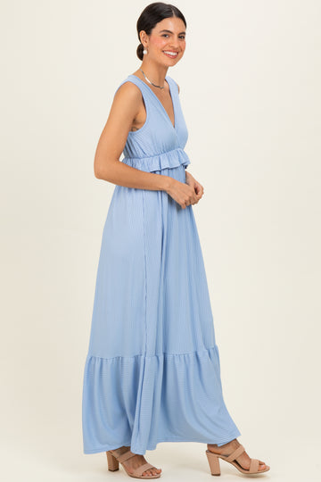 Light Blue Ribbed Sleeveless V-Neck Ruffle Tiered Maxi Dress