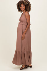 Mocha Ribbed Sleeveless V-Neck Ruffle Tiered Maternity Maxi Dress