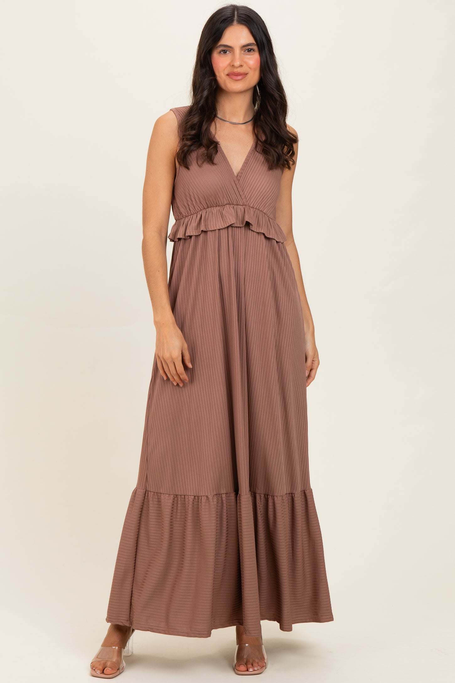 Mocha Ribbed Sleeveless V-Neck Ruffle Tiered Maternity Maxi Dress