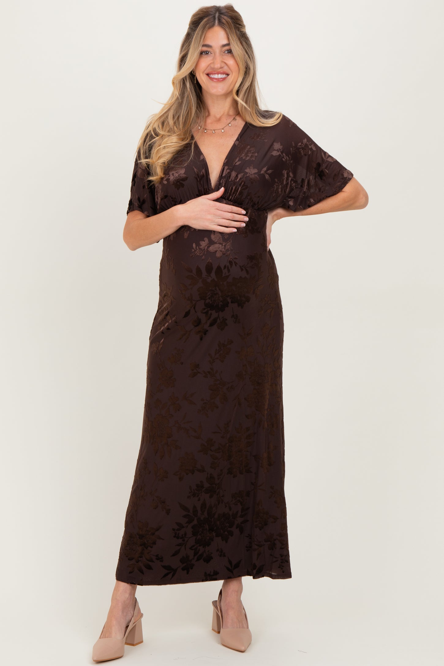 Brown Floral Velvet V-Neck Short Sleeve Maternity Maxi Dress PinkBlush Brown Floral Velvet V-Neck Short Sleeve Maternity Maxi Dress PinkBlush