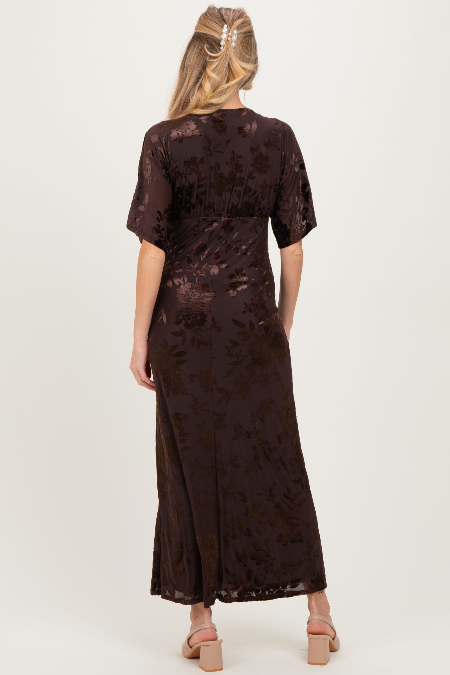 Brown Floral Velvet V-Neck Short Sleeve Maternity Maxi Dress