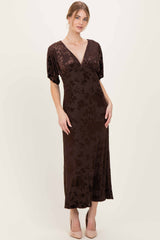 Brown Floral Velvet V-Neck Short Sleeve Maxi Dress