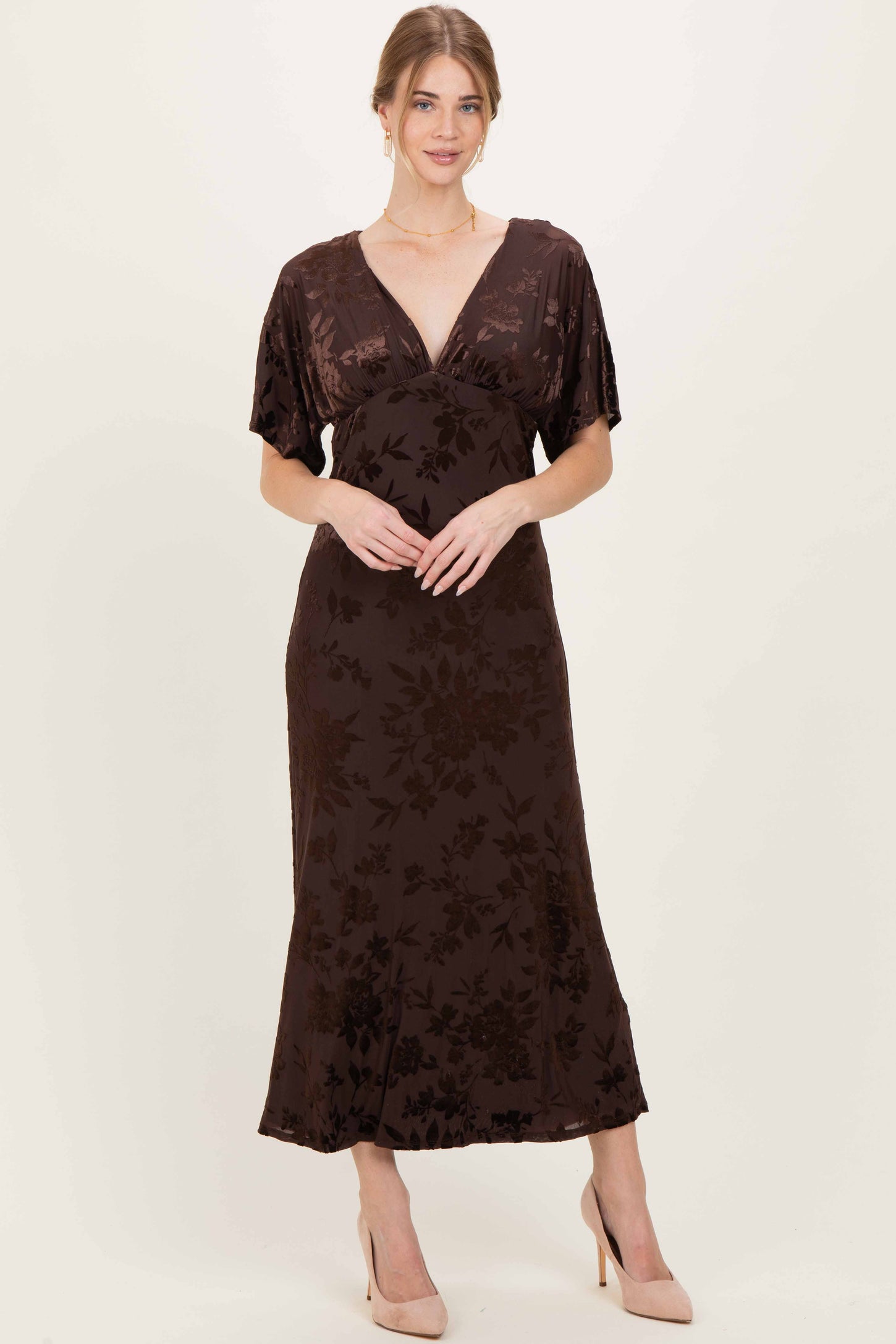 Brown Floral Velvet V-Neck Short Sleeve Maxi Dress