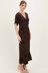 Brown Floral Velvet V-Neck Short Sleeve Maxi Dress