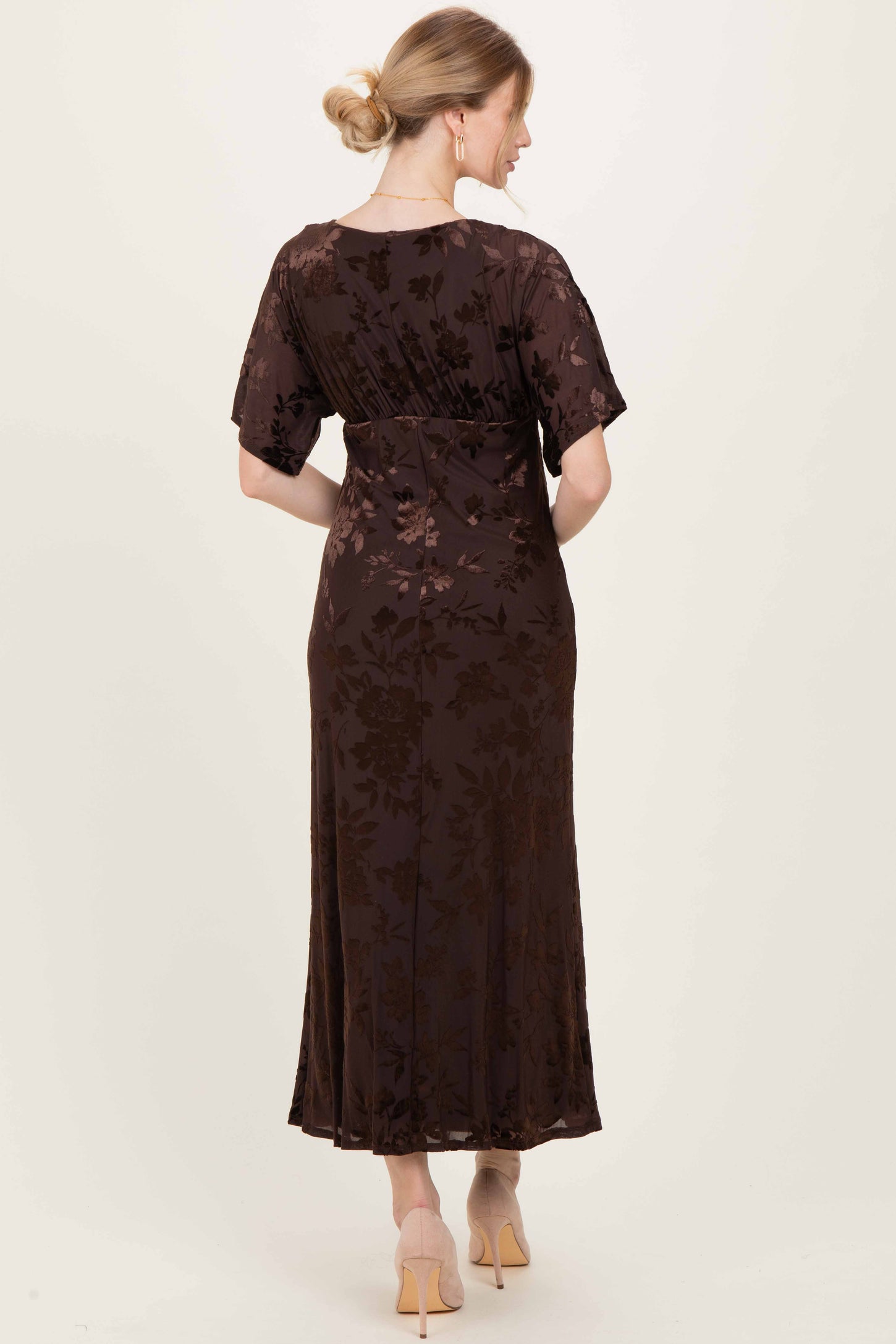 Brown Floral Velvet V-Neck Short Sleeve Maxi Dress – PinkBlush