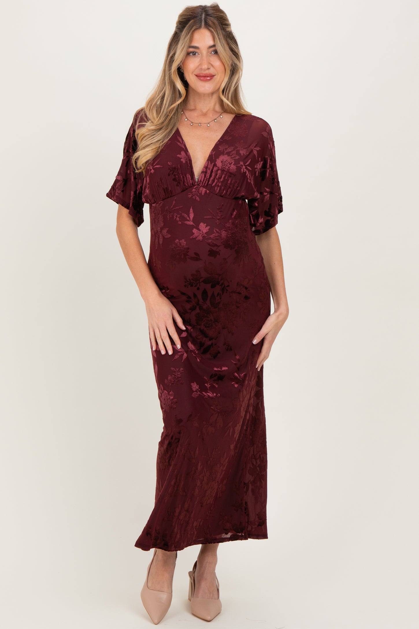 Burgundy Floral Velvet V-Neck Short Sleeve Maternity Maxi Dress Burgundy Floral Velvet V-Neck Short Sleeve Maternity Maxi Dress