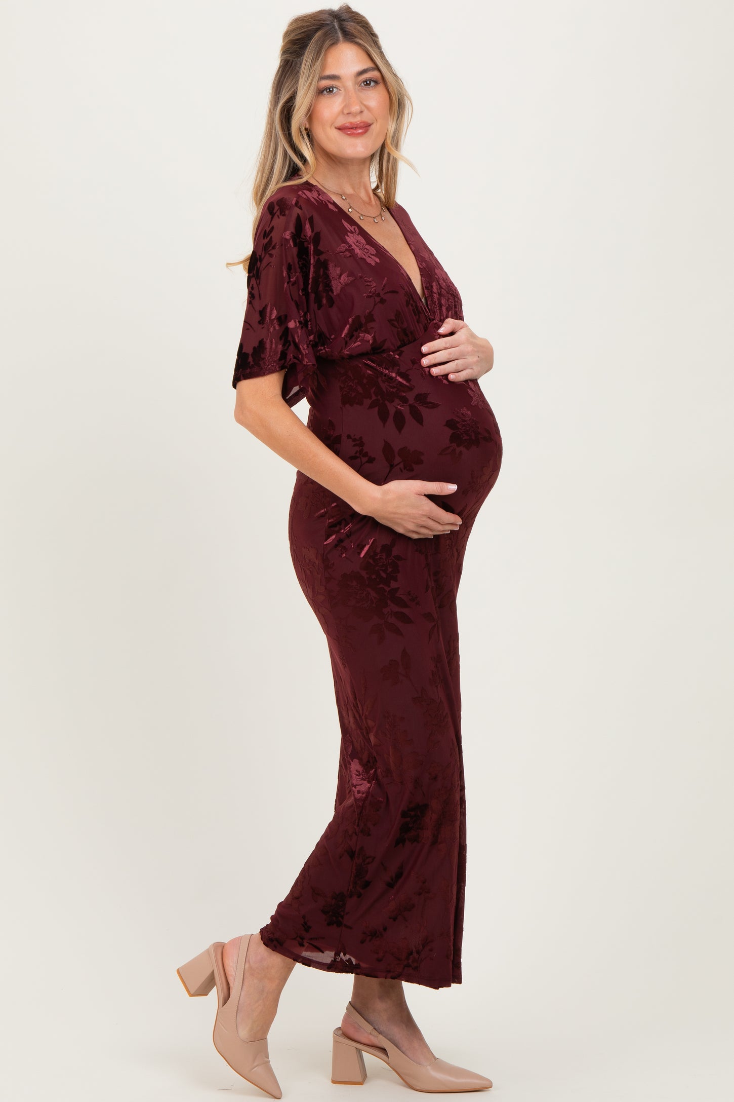 Burgundy Floral Velvet V-Neck Short Sleeve Maternity Maxi Dress