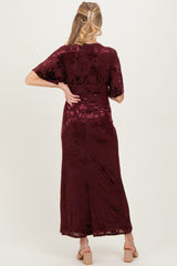 Burgundy Floral Velvet V-Neck Short Sleeve Maternity Maxi Dress