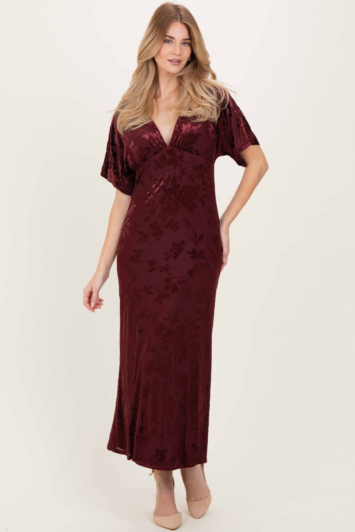 Burgundy Floral Velvet V-Neck Short Sleeve Maternity Maxi Dress